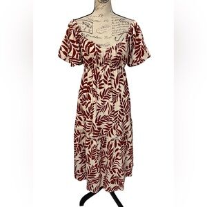 Lost + Wander Leaf Print Off Shoulder Midi Dress Smocked Back Pockets S